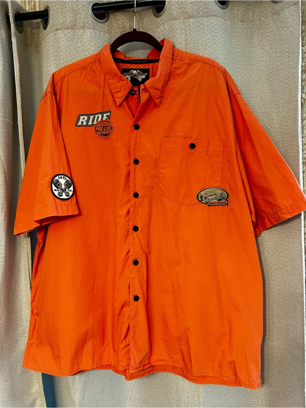 Harley Davidson Men's SS Orange Button-Down Shirt with Patch Details XXL